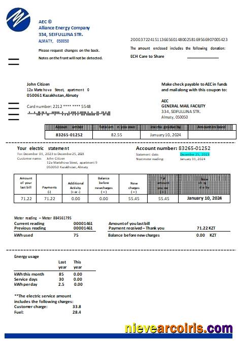 Kazakhstan Alliance Energy Company AEC utility bill